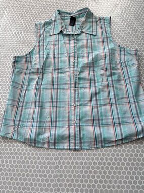 Basic Editions Plaid Button-Up Shirt in Teal, White, Navy Summer Golf. Size XL